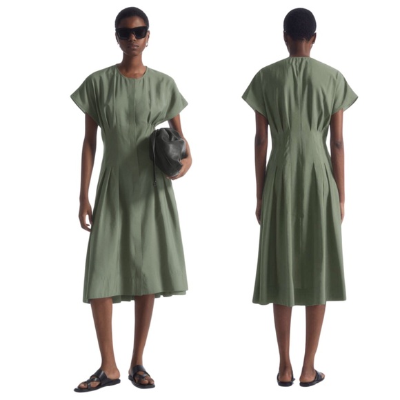 COS Dresses & Skirts - COS Waisted Pleated Midi Dress Green Crew Neck Pleated Waist Lightweight Button